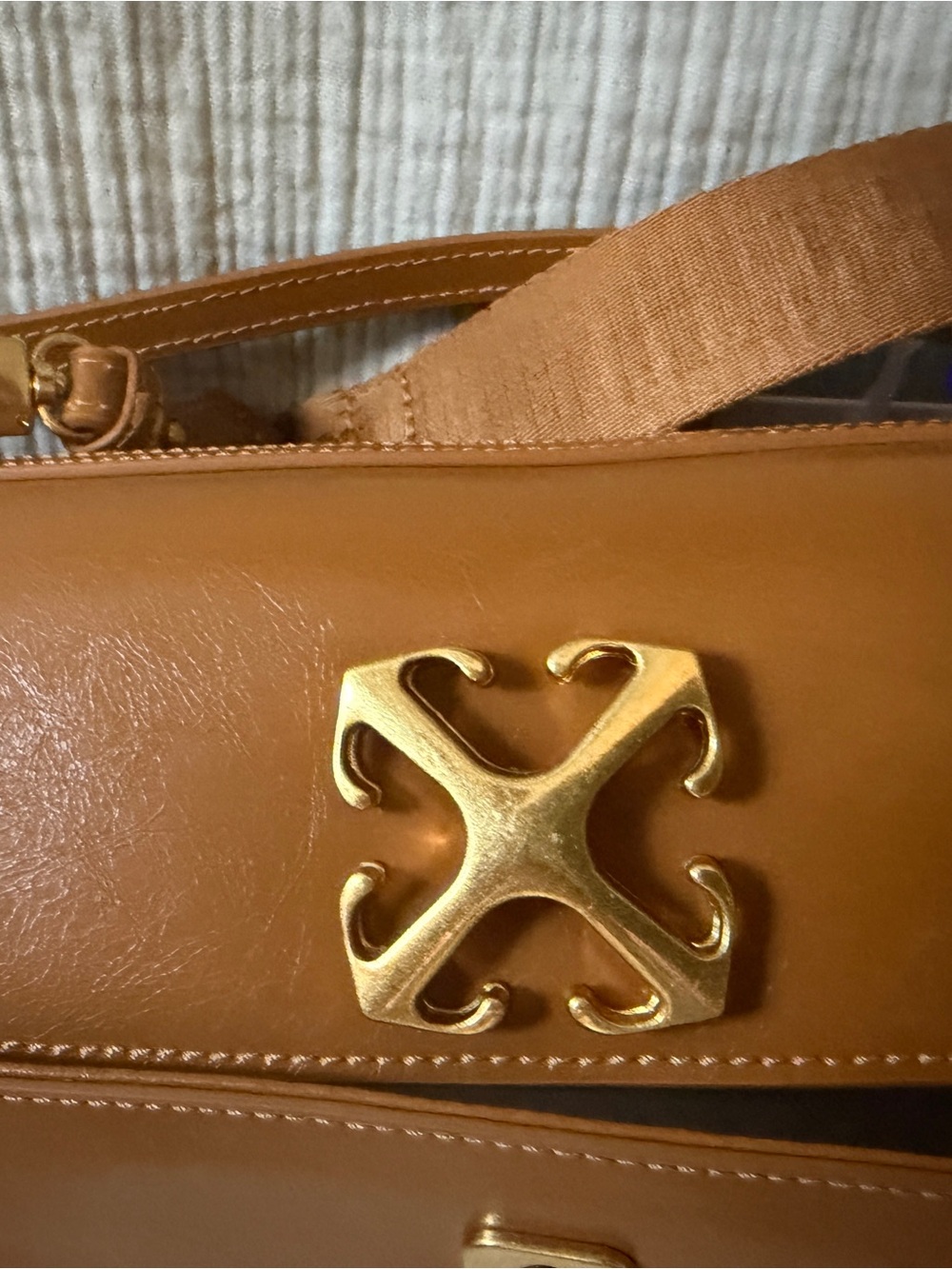 Off-White Cognac Leather Shoulder Bag with Gold Hardware - Picture 7 of 15